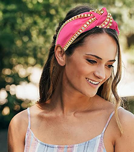 Rhinestone Knotted Headband Sparkle Rhinestone Chain Top Knot Headband for Women Girls White Black Hot Pink Wide Hairband Headpiece Hair Accessories Gift (black rhinestone chain headband)