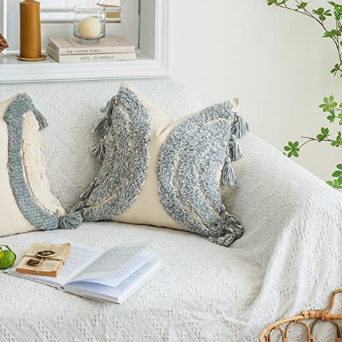 Foindtower Gorgeous Half Moon Accent Boho Tufted Decorative Throw Pillow Cover, Stylish & Cozy Rainbow Design Cotton Canvas Cushion Cover | Tassels Pillow Case Home Decor 18"X 18" Mixed Grey 1 Piece