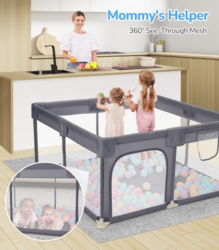 Dripex Baby Playpen, 52"×52" Play Pens for Babies and Toddlers, Safe Anti-Fall Play Yard with Gates, Baby Fence with Breathable Mesh, Indoor & Outdoor Kids Activity Center, Anchor Grey