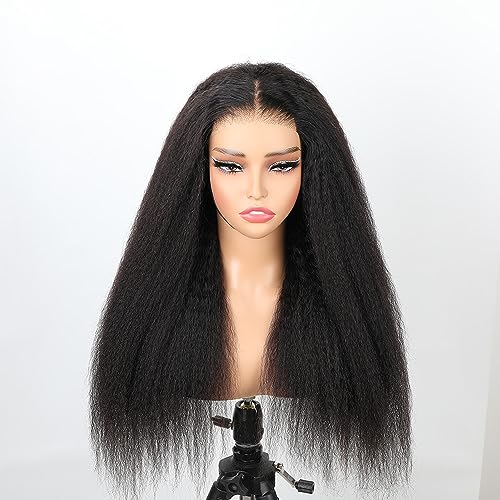 Domiso Glueless Wig Human Hair Yaki Hair Pre Cut 6x4.6 HD Lace Wig Knots Bleached Kinky Straight Lace Front Wigs Human Hair for Women Natural Hairline Pre Plucked Breathable Cap 200% Density 16 Inch