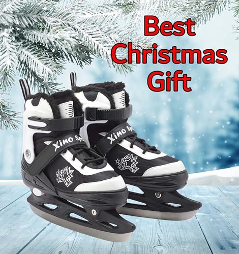 Xino Sports Adjustable Ice Skates - Faux Fur Padding, Reinforced Ankle Support, Fun Ice Skates for Beginners and Kids, Great for Indoor and Outdoor Skating (Black, Small Junior 13-3)
