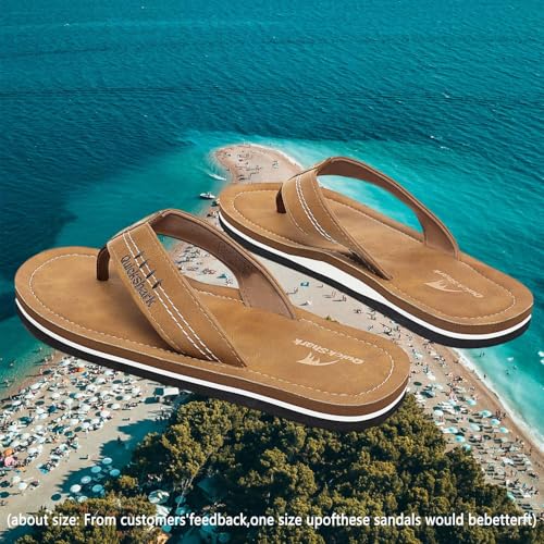 Quickshark Mens Flip Flops Leather Sandals Lightweight Beach Slippers Arch Support AKhaki Size 16