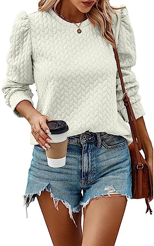 PRETTYGARDEN Fall Outfits Women Trendy Puff Sleeve Sweatshirts Crewneck Twist Texture 2024 Warm Winter Pullover Tops (Apricot,S)