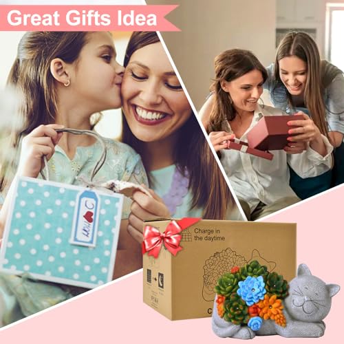 Qeeman Garden Outdoor Decor Cat Statue - Cat Resin with Solar Light Garden Statues Outsides Decorations for Cat Lovers Gardeners Family with Pets,Ornament Gift for Birthday/Mother’s Day