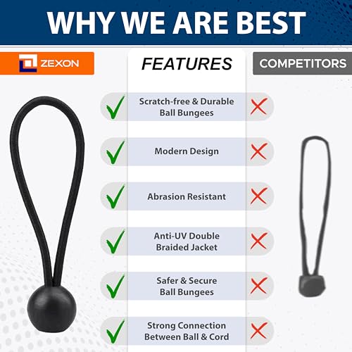 ZEXON Ball Bungee Cords 6 Inch - 50 Bungee Cords with Balls to Tie Your Tarps, Canopies and Covers - Versatile and Strong Cords for Camping, Gardening and Home Improvement