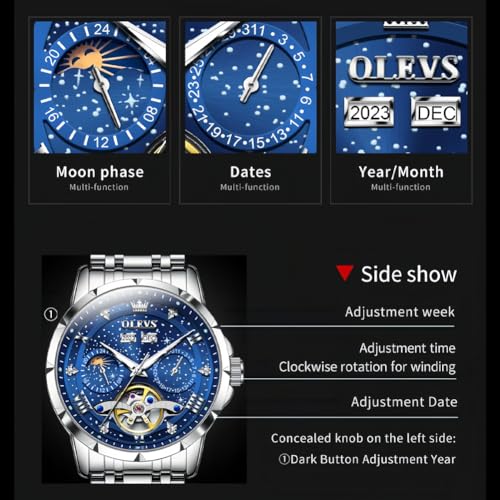 OLEVS Mens Automatic Watches Self-Winding Starry Sky Diamond Skeleton Luxury Wrist Watch Waterproof Luminous