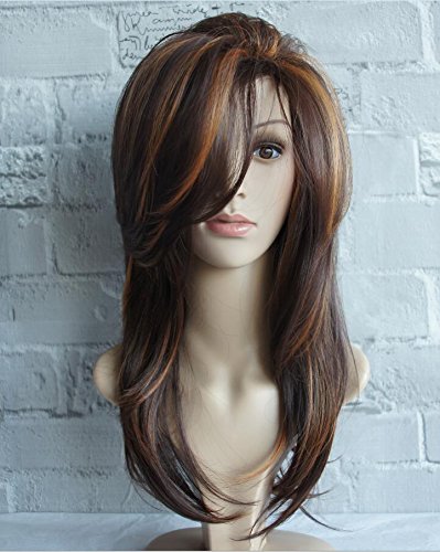 wigbuy Long Layered Shoulder Length Brown with Camel color Highlight wig Synthetic Hair Fiber Highlight Multicolor Wigs for White Women