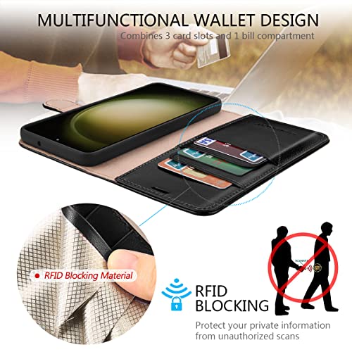 Belemay for Samsung Galaxy S23 Wallet case-Genuine Leather Protective Flip Cover-RFID Blocking Credit Card Holder-Kickstand Book Folio Phone Case Women Men Compatible with Samsung S23 (5G 6.1")-Black