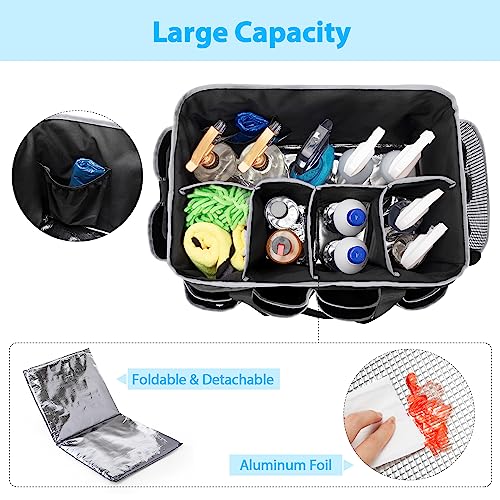 HODRANT Extra-Large Wearable Cleaning Caddy, Organizer Bag for Products, Housekeeper Tote With Pad, Handle & Divider, Car Wash Tools Bag for Detailing Supplies, Gray Edge