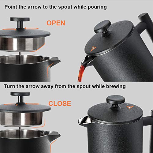 Secura French Press Coffee Maker, 304 Grade Stainless Steel Insulated Coffee Press with 2 Extra Screens, 34oz (1 Litre), Black