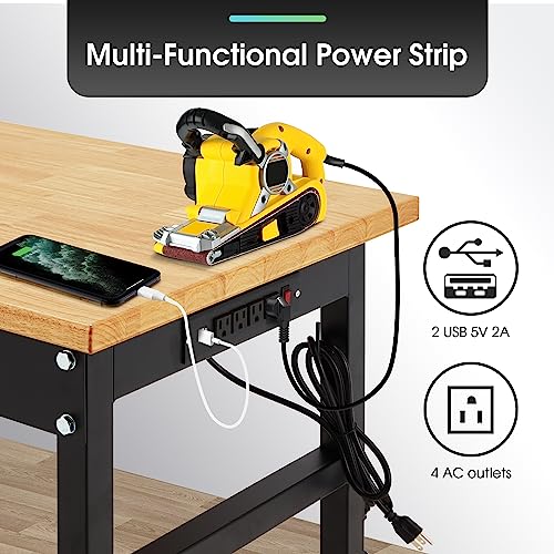 Antifir 48" Adjustable Workbench,Heavy Duty Workstation with Rubber Wood Top, 2000 LBS Load Capacity Hardwood Garage Workbench for Garage,Office,Workshop,Home, Easy Assembly