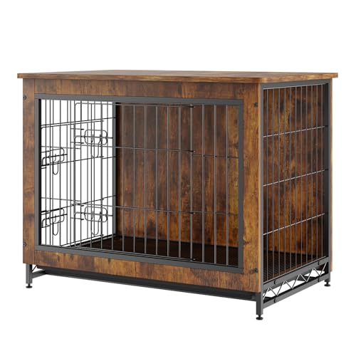 VEVOR Dog Crate Furniture, 32 inch Wooden Dog Crate with Double Doors, Heavy-Duty Dog Cage End Table with Multi-Purpose Removable Tray, Modern Dog Kennel Indoor for Dogs up to 45lb, Rustic Brown