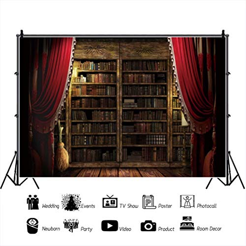 Ancient Library with Red Curtain Background 5x3ft Classical Study Bookshelf Wizard Magic Bookshelf Backdrop for Halloween Party Teacher Student Adults Portrait Photoshoot Studio Props Vinyl