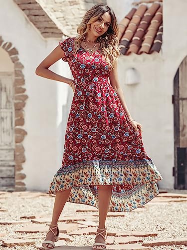 PRETTYGARDEN Women‘s Summer Maxi Dress Floral V Neck Short Sleeve Ruffle Casual Midi Long Dress Black