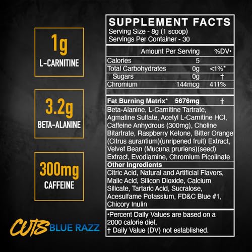 BLACKMARKET CUTS Pre Workout - Flavored Energy Powdered Drink Mix for Men & Women, Great for Muscle Definition, Thermogenic, Creatine Free, (Blue Razz, 30 Servings)