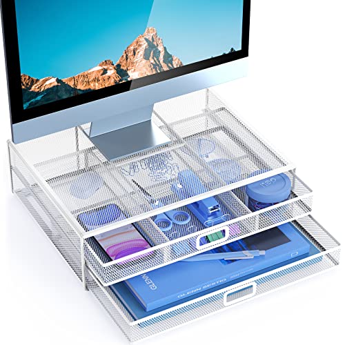 HUANUO 2 Tier Monitor Stand, Metal Monitor Riser with Drawer, Desk Organizer, Monitor Stand with Storage, Desktop Computer Stand for PC, Laptop, Printer