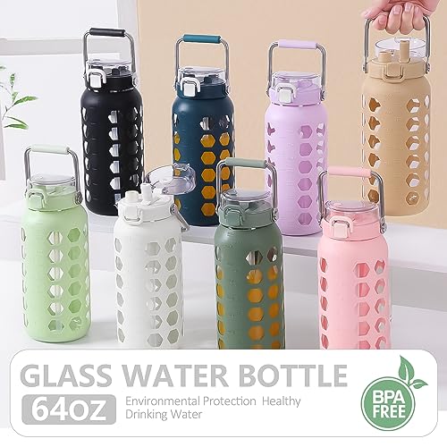 MUKOKO 64oz Glass Water Bottles with Straw and Lid,Half Gallon Water Bottle with Time Marker,Large Glass Water Jug with Silicone Sleeve and Stainless Steel Handle-Amber