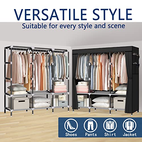 LOKEME Portable Wardrobe, 61-Inch with 3 Hanging Rods and 6 Storage Shelves, Non-Woven Fabric, Stable and Easy Assembly Black Portable Closets for Hanging Clothes with Side Pockets