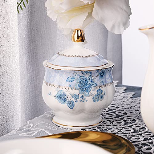 fanquare Blue Flowers Porcelain Tea Set, Tea Cup and Saucer Set Service for 6, Wedding Tea Set with Sugar Bowl Cream Pitcher, Floral Coffee Set for Tea Party