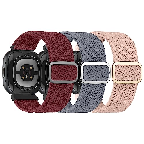 Adjustable Braided Solo Loop Bands Compatible with Fitbit Versa 4 / Fitbit Sense 2 / Fitbit Versa 3 / Fitbit Sense, Stretchy Nylon Sport Elastic Wristbands Women Men Straps, 3 Packs