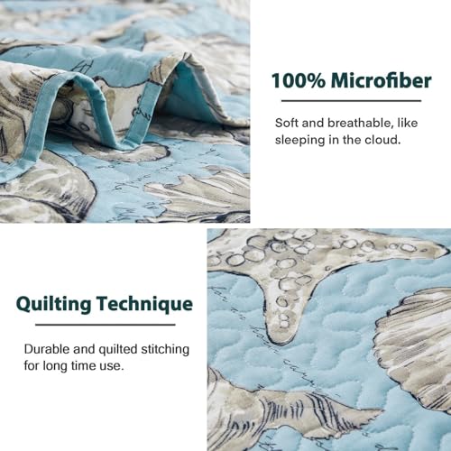Junsey Beach Quilts Set Twin Size Ocean Theme Bedspreads,3 Pcs Seashell Conch Starfish Coverlet Set Lightweight Reversible Bedding with Pillow Shams,Blue