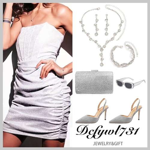 Dcfywl731 Silver Bridal Wedding Jewelry Set Rhinestone Necklace Earrings Bracelet Sets Prom Jewelry Sets Formal Costume Jewelry Accessories for Women and Brides