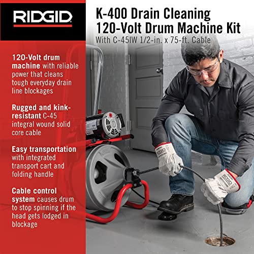 RIDGID 26998 Model K-400 Drain Cleaning 120-Volt Drum Machine Kit with C-45IW 1/2" x 75' Cable, White, Black, Red