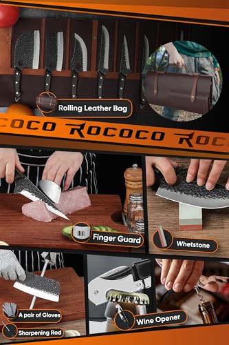 ROCOCO 13PCS Butcher Cleaver Knife Set for Meat Cutting Serbian Chef Viking Boning Knife with Roll Bag for Kitchen Outdoor BBQ Camping Birthday Father Mother Gift Idea Men