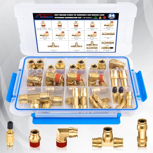 Taiidaues 34 Pcs Brass DOT Air Brake Line Fittings Assortment 1/4" 3/8" 1/2" Air Line Quick Connect Fittings Push to Connect Air fittings Kit with NPT Thread for Semi Trucks or Industrial Air System