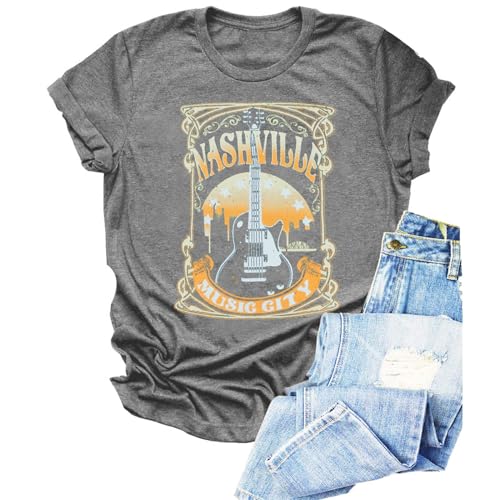 Anbech Women's Country Music Shirt Guitar Graphic Tees Concert T Shirt Short Sleeve Tops (M, Grey)