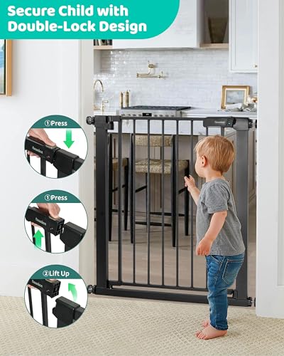Newnice 29.7"-32.3" Narrow Baby Gate,Easy Install with Auto Close, Fit for Small Stairs & Doorways, Pressure Mounted Gate with Door, No Drill Wall Protected, Pet Gate for Dog,Cat, No Extensions,Black