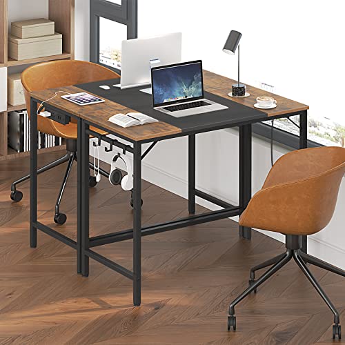 HOOBRO Computer Desk, Home Office Desk with Power Outlet, Modern Study Writing Desk with 3 Hooks for Study Room, Home Office, Sturdy and Stable, Easy to Assemble, Charcoal Gray and Black BC40UDN01