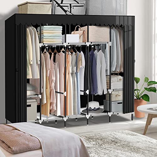 LOKEME Portable Closet, Great Size 82-Inch Portable Wardrobe with 5 Hanging Areas and 10 Storage Shelves, Black Portable Closets for Hanging Clothes, Extra Sturdy 25mm Steel Tube and Easy to Assemble