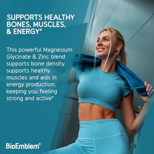 BioEmblem Magnesium Glycinate with Zinc - 300mg Chelated Magnesium Supplement - High Absorption Vegan Non-GMO 2-in-1 Complex - Immune Support, Muscles, Nerves - 90 Capsules