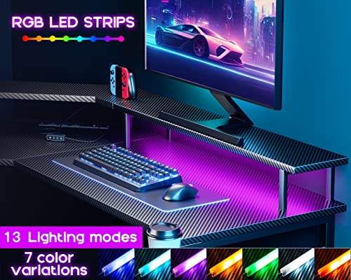 ODK L Shaped Gaming Desk with LED Lights & Power Outlets, 51" Computer Desk with Full Monitor Stand, Corner Desk with Cup Holder, Gaming Table with Hooks, Black