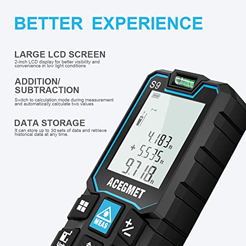 Laser Measurement Tool, ACEGMET 393 Ft Laser Tape Measure ±1/16-inch Accuracy, M/in/Ft Unit Switching Backlit LCD with Mute Button Laser Measure, Pythagorean Mode, Area and Volume Digital Tape Measure