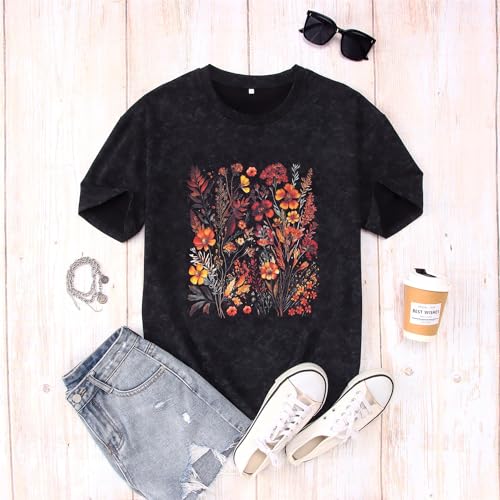 MODNTOGA Womens Floral Shirts Vintage Wildflower Graphic Tees Short Sleeve Flowers Print T-Shirts Retro Oversized Crewneck Tops (Black, S)