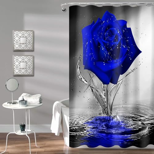 Blue Rose Shower Curtain for Bathroom, Elegant Blooming Floral with Dew Spring Flower Reflection on Water Modern Romantic Valentine's Day Bathroom Decor Shower Curtains Set with 12 Hooks36X72 Inches