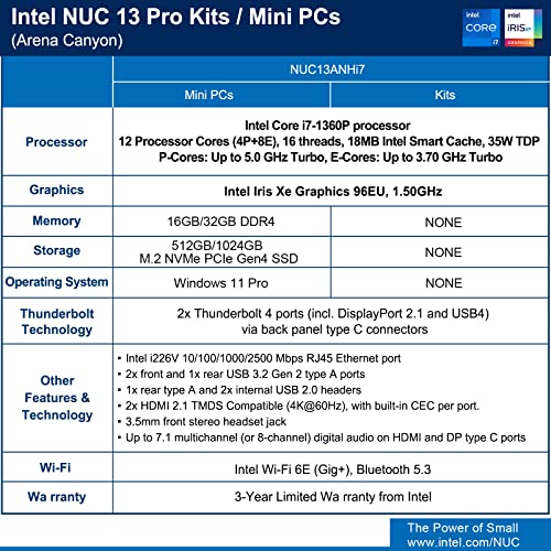 Intel NUC 13 Pro NUC13ANHi7 VPro Arena Canyon Mini PC, Core i7-1360P, 32GB RAM, 1TB SSD, Mini Computers Windows 11 Pro for Business Home Office, Support 8K/4K Quad Display/Wifi 6E/BT 5.3/Thunderbolt 4