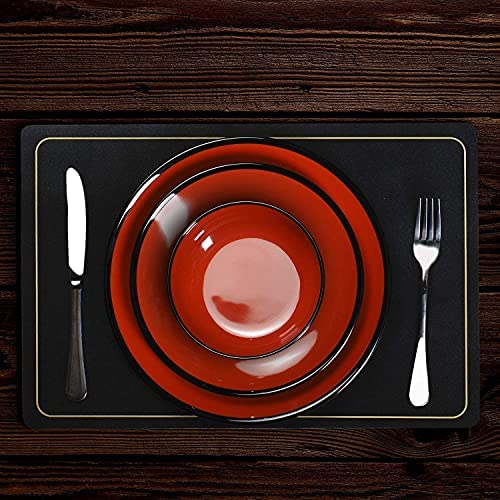 TP 12-Piece Dinnerware Set, Melamine Dishes Set with Bowls and Plates, Non-breakable Lightweight Dinner Service for 4, Red & Black