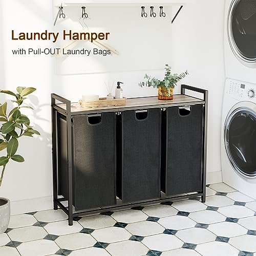 AMHANCIBLE Laundry Hamper with 3 Section, Laundry Basket with 3 Pull-Out and Removable Bags, Laundry Sorter with Shelf, Dirty Clothes Hamper for Laundry Room, Bathroom, 3 x 10 Gallons (38L) HLS03GY