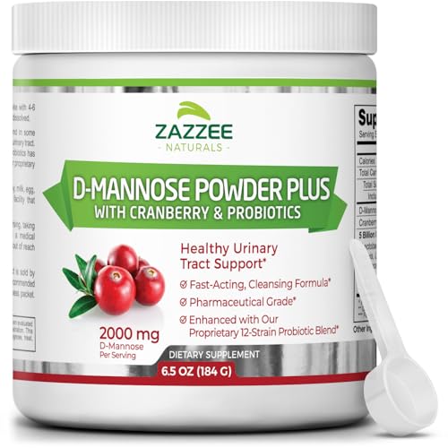 Zazzee D-Mannose Powder Plus, 2000 mg, 67 Servings, Potent & Fast-Acting, Plus 5 Billion CFU Probiotics and Pure Cranberry Juice Extract, Free Scoop, 6.5 Oz, Vegan, Gluten-Free, Non-GMO, All-Natural