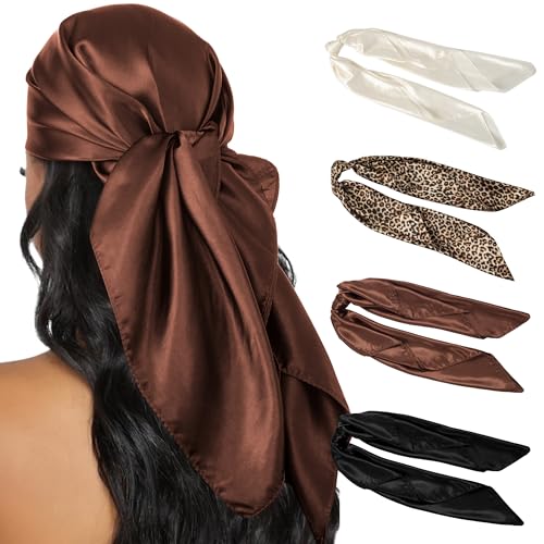 HBselect 4PCS Head Scarf for Women 35” Head Scarves Silk Like Satin Neck Scarfs Square Bandana Hair Wraps Scarf for Sleeping