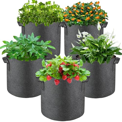 lucdnc 5 Pcs Grow Bags Plant Grow Bags Multi-Purpose Nonwoven Fabric Pots with Durable Handles,Outdoor Garden Plant Pots for Vegetables Fruits Flowers Herb Succulent Bonsai Plants