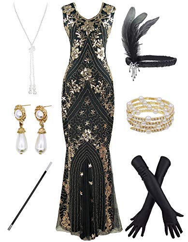 Women Evening Floral Dress 1920s Sequin Flapper Cocktail Mermaid Formal Gown with 20s Gatsby Accessories Set