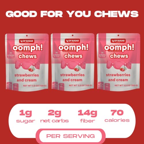 Oomph! Sweets Creamiscle Chews, Vegan Taffy Candy, Low Carb, Low Sugar, High Fiber, Keto-Friendly, Plant-Based Gluten Free Dessert (Strawberries & Cream; 3-Pack x 10 pc per 3.5oz bag)