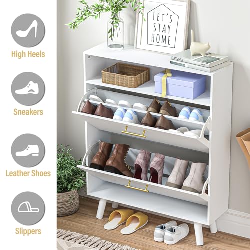 SINROM Shoe Cabinet for Entryway, Slim Shoe Storage Cabinet with 2 Flip Drawers, Freestanding Shoe Organizer with Open Shelf for Hallway, Black