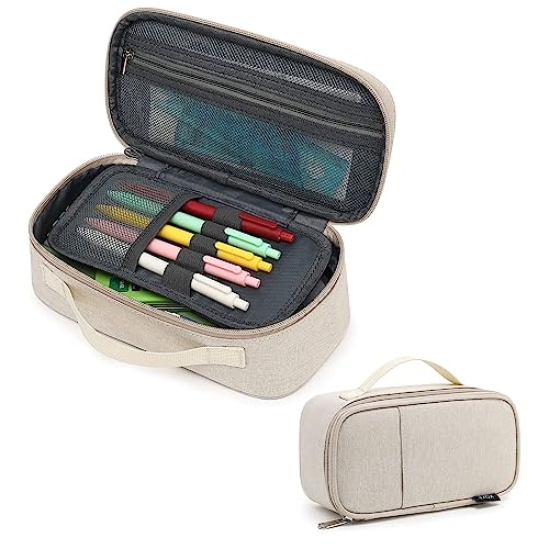 XQXA Large Capacity Pencil Case Multi-Slot Pencil Pouch Durable Pencil Box Portable Makeup Bag with Handle for Office (BEIGE)