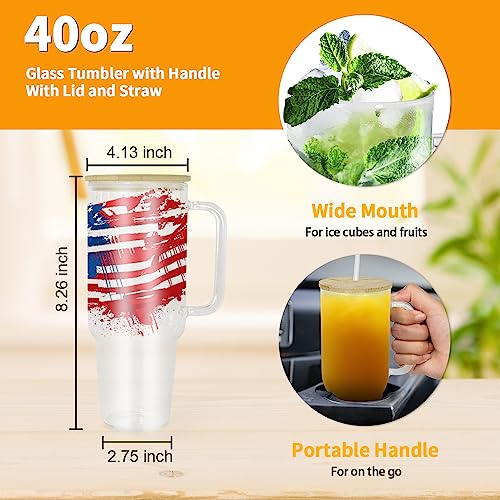 FECBK 40 oz Glass Tumbler with Handle 2 Pack Glass Tumbler with Straw and Lid Clear Glass Water Cup Reusable Iced Coffee Cup, Fits Car Cup Holder, BPA Free, for Boba Tea, Juice, Smoothie, Beer