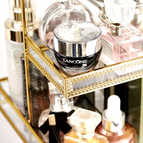 360 Degree Rotation Makeup Organizer Antique Countertop Cosmetic Storage Box Mirror Glass Beauty Display, Gold Spin Large Capacity Holder for Brushes Lipsticks Skincare Toner